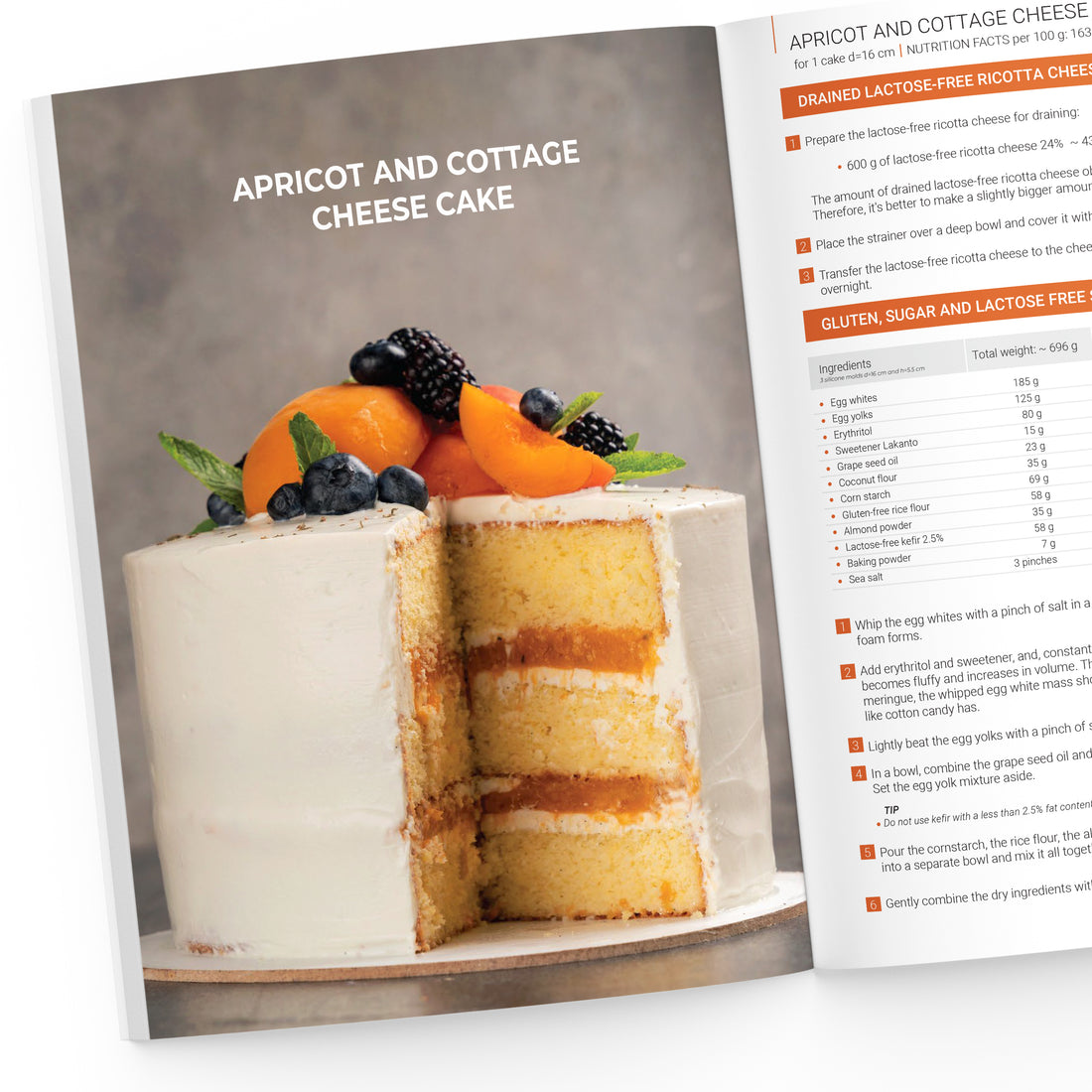 Apricot and cottage cheese cake in a cut view on Gluten, Lactose & Sugar Free Cakes Cookbook page