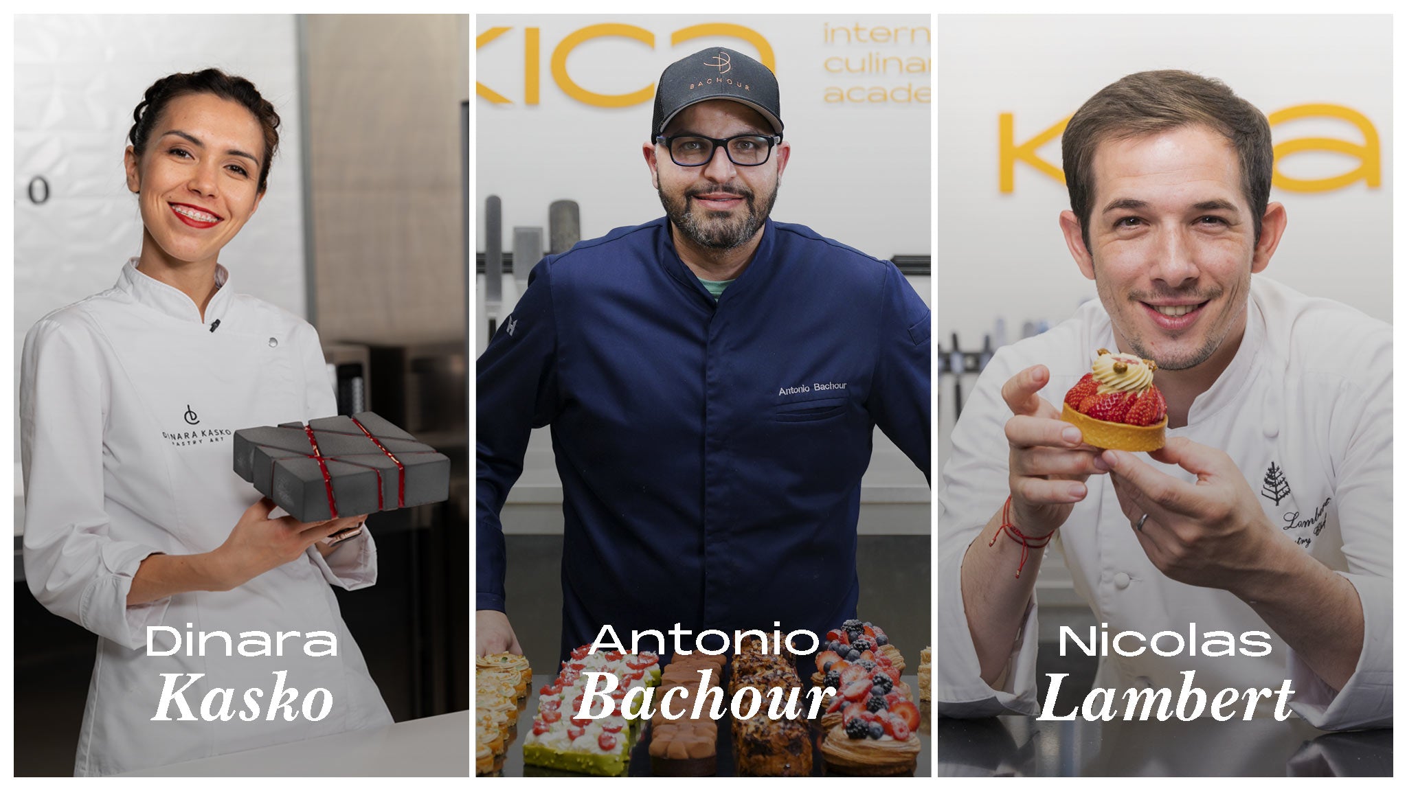 Photo of three chefs: Dinara Kasko, Antonio Bachour, and Nicolas Lambert - KICA books